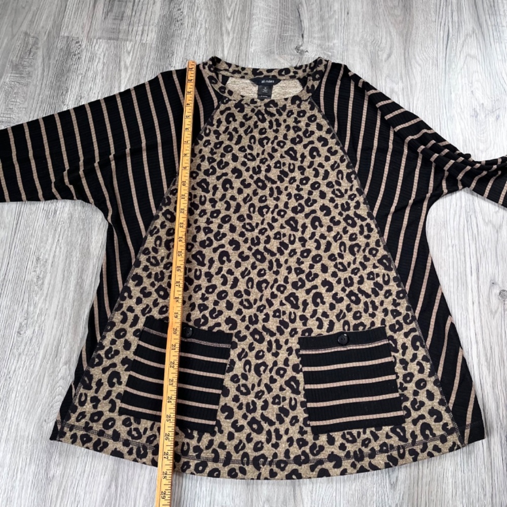 Ali Miles Tunic Shirt Womens M leopard Print Striped Ribbed Raglan Sleeve Pocket - Picture 7 of 9